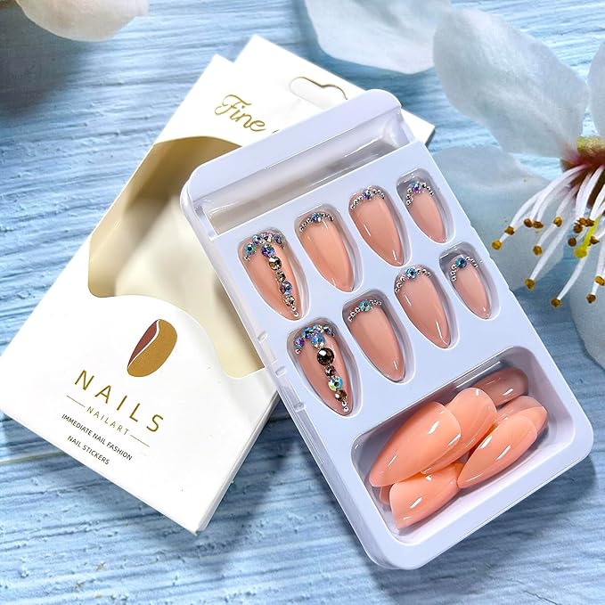 Rhinestones Press on Nails Medium Length Pink Almond Tip Acrylic False Nail Full Cover Glossy Artificial Stick on Nail Press Ons Artificial Fingernails 24Pcs DIY Glue on Nails for Women