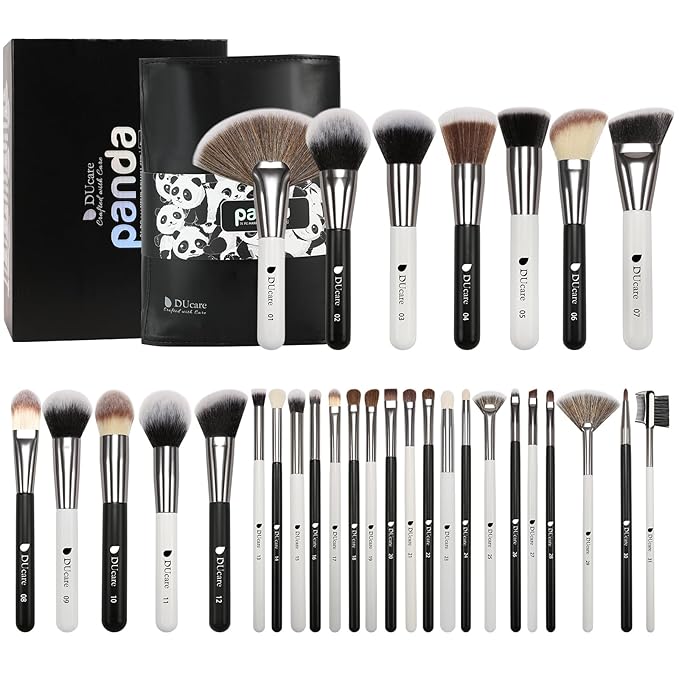 DUcare Professional Makeup Brushes Set 31Pcs Panda Series Makeup Brush Set Kabuki Foundation Blending Face Powder Blush Concealers Eye Shadows With Leather Case Organizer