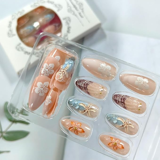 Summer Press on Nails Almond Medium Fake Nails with 3D Flower Starfish Design French Tip False Nails Glossy Glue on Nails White Floral Full Cover Stick on Nail for Women Manicure Decor