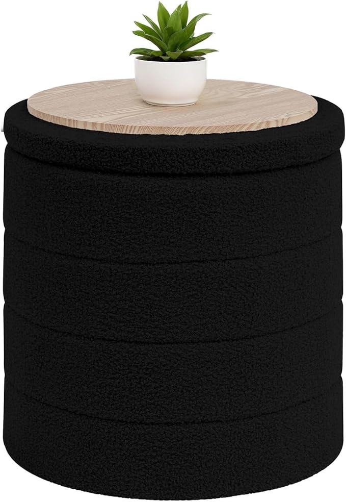 B FSOBEIIALEO Ottoman with Stroage, Round Sherpa Storage Ottoman Stool, Boucle Foot Rest 16.9"x16.9"x17.7"（Black