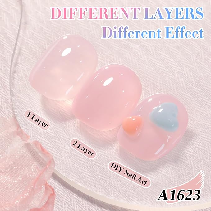 Double Rhythm 0.50 OZ Translucent Gel Polish Same Color Same Bottle Sheer Pastel Neutral Natural Milky 15 ML Jelly UV Nail Art DIY at Home (Pink-A1623)