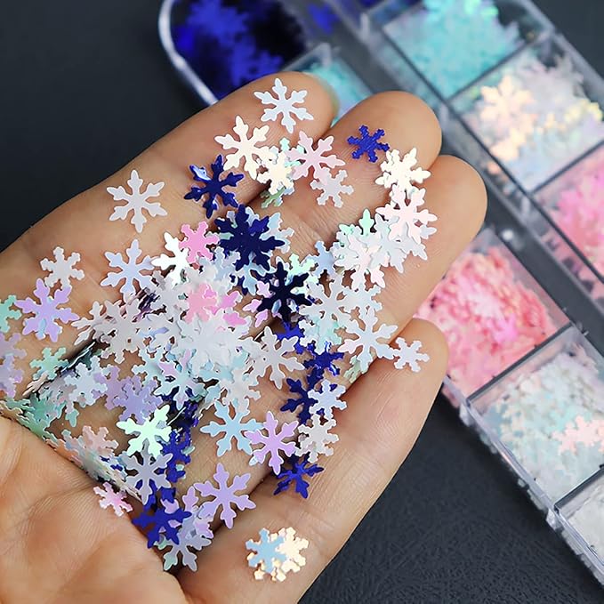12 Grids 3D Snowflake Nail Art Stickers - Holographic Laser Decals for Christmas Nails - Xmas White Sequins for Nail Decoration - Winter Snow Flakes