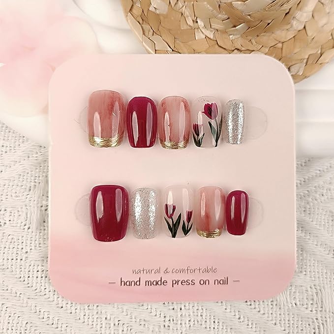 24Pcs Red Tulip Press on Nails 3D Gold Curve Line French Tips Stick on Nails Short Square Acrylic False Nails Glossy Silver Glitter Fake Nails Spring Flower Gel Glue on Nails for Coquette Women Girls