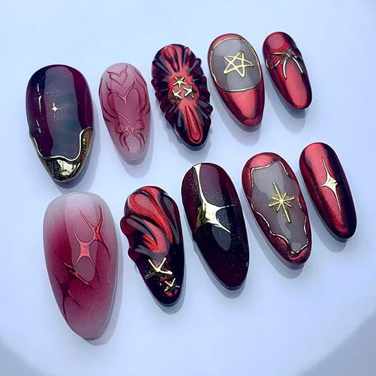 24Pcs Halloween Press on Nails Medium Almond French Tip Fake Nails Red Fishbone with Gold Star Gems Design 3D Ripple False Nails Gothic Stick on Nails Full Cover Artificial Glue on Nail for Women DIY