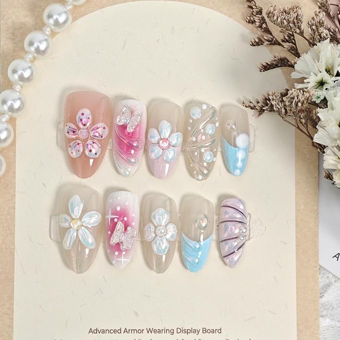 30Pcs Medium Almond French Tip Fake Nails with 3D Flowers, Butterflies, Rhinestones & Glitter Design - Full Cover Pink Gradient Acrylic Nails - 24pcs Summer Press On Nails Set