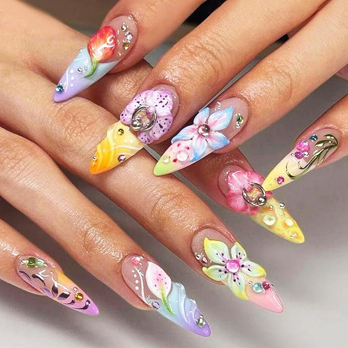 24Pcs 3D Flower Press ons Fingernails Glossy Colorful Medium Almond False Nail French Tips Gel Glue on Acrylic Fake Nails Rhinestones Stick on Nail Leaves Press on Nails for Holiday Manicure Art