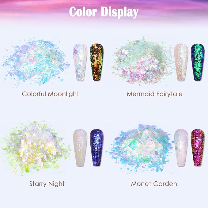 Laza Mermaid Fairytale Chameleon Flakes Nail Glitter Irregular Opal Nail Foil Flakes Chunky Confetti Color-Shift Sequins Iridescent Fairy Dust for Mermaid Nails Design, Nail Decorations for Nail Art