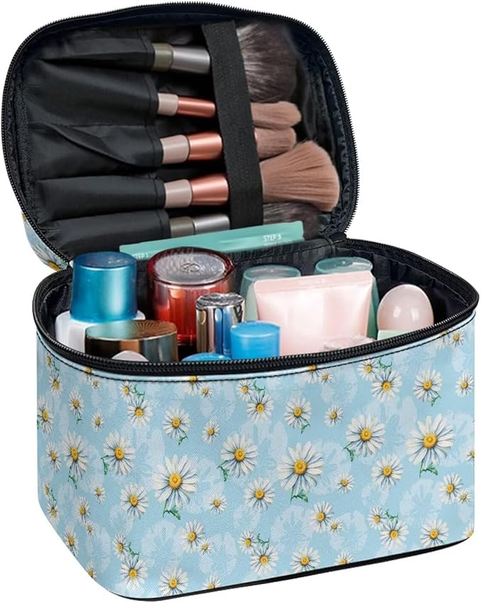 Daisy Flowers Blue Pattern Travel Makeup Bags for Women Portable Tote Cosmetic Case with Carry Handle Toiletry Accessories Storage Organizer Bags