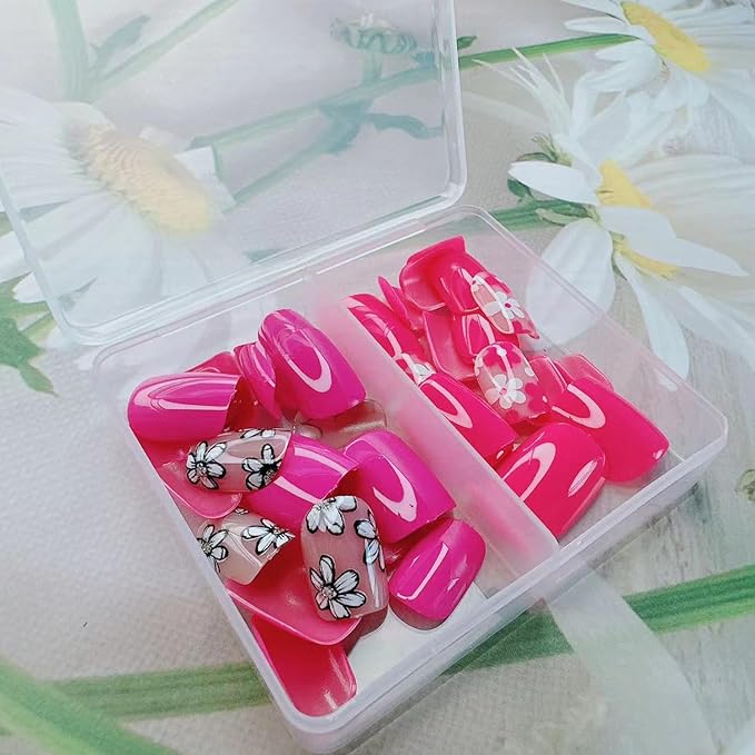 48Pcs Flower Press on Nails Kit - Short Square Fake Nails with Cute Multi-Color Floral Designs Glossy Solid Color False Nails Spring Press ons Flower Stick on Nails Summer Decor for Women Daily Wear