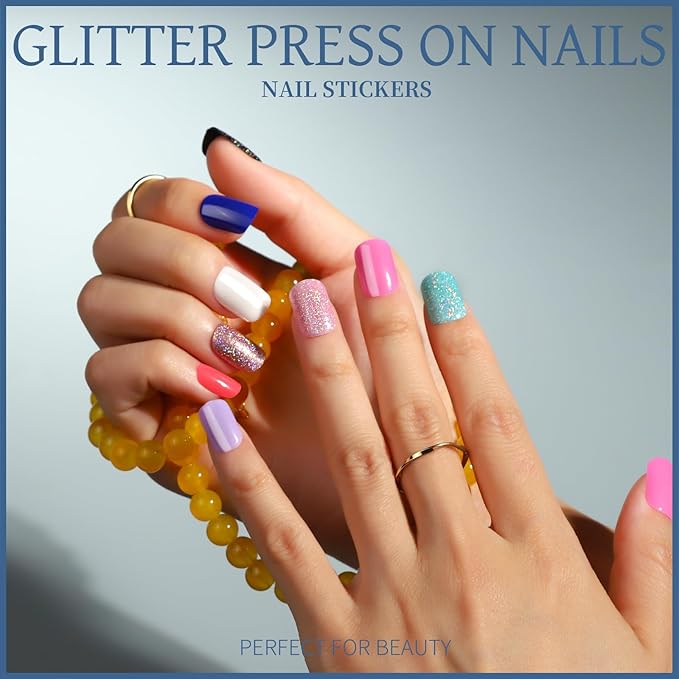 Teenitor 24Pack Short Press On Nails, 576Pcs Short Square Press On Nails, Matte Glossy Glitter French Nails, 12 Sizes Fake Nails With Glue