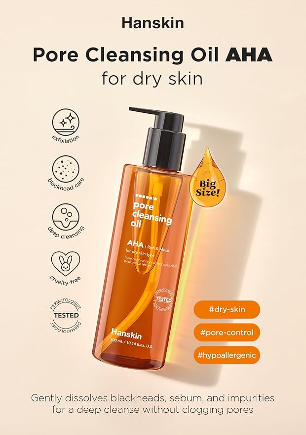 Hanskin AHA Pore Cleansing Oil for Dry Skin, Exfoliating, Waterproof Makeup Sebum Remover Facial Oil Cleanser for Face, Moisturizing for Soft Skin, Korean Skincare [AHA/10.14 oz.]