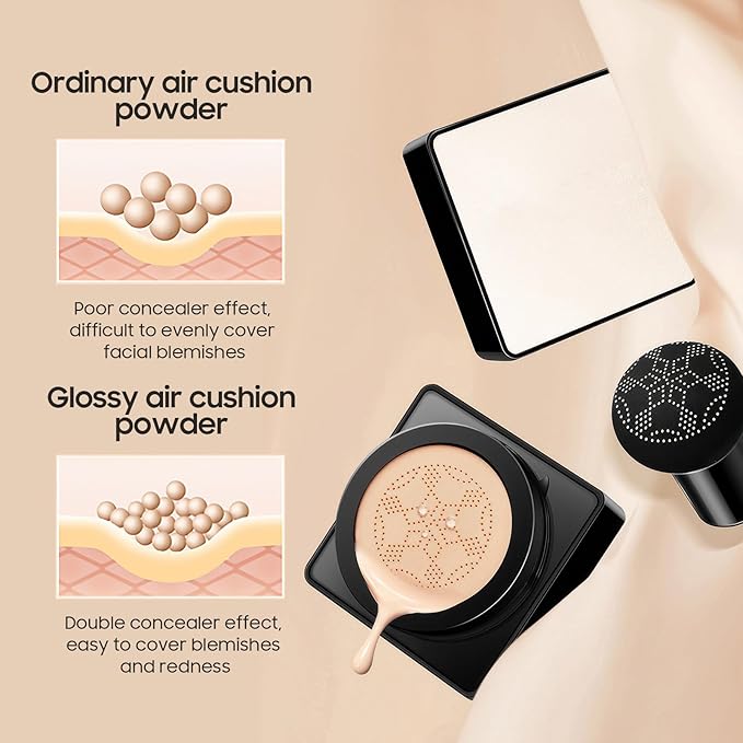 Air Cushion CC Cream Mushroom Head - Moisturizing & Oil Control Screw Lid Concealer Makeup Base, Primer Liquid Foundation Long Lasting with Mushroom Makeup Sponges for All Skin Types (Medium Deep)