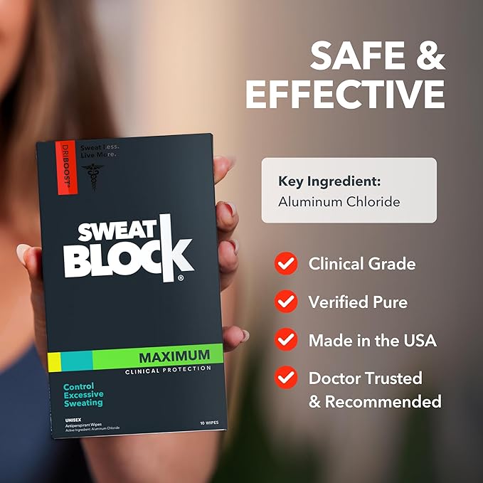 SweatBlock Clinical Strength Antiperspirant Wipes for Men and Women Excessive Sweat Protection Hyperhidrosis Treatment Stops Underarm Perspiration Up to 7 Days Includes 10 Individually Wrapped Wipes