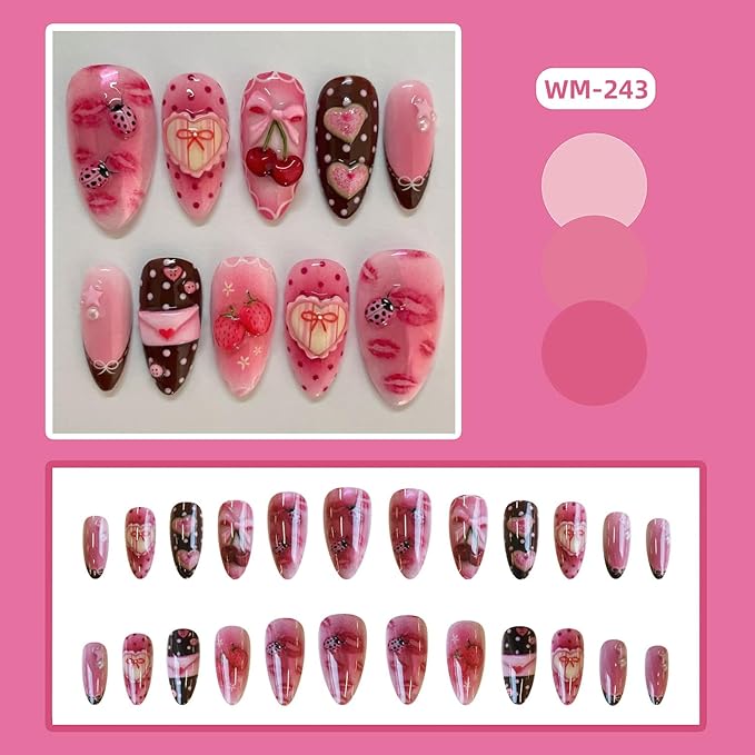 Press on Nails Almond Medium Cute Bow Cherry and Envelope Red Lips Pattern Design French Tip Acrylic False Nail Pink Artificial Fingernails Full Cover Glossy Artificial Stick on Nails for Women