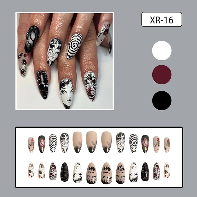 24Pcs Horror Comic Press on Nails Medium Almond Fake Nails Glossy Black Japanese Anime Nails Gothic Punk False Nails Japanese Comic Style Full Cover Press on Halloween False Nail Tips for Girls