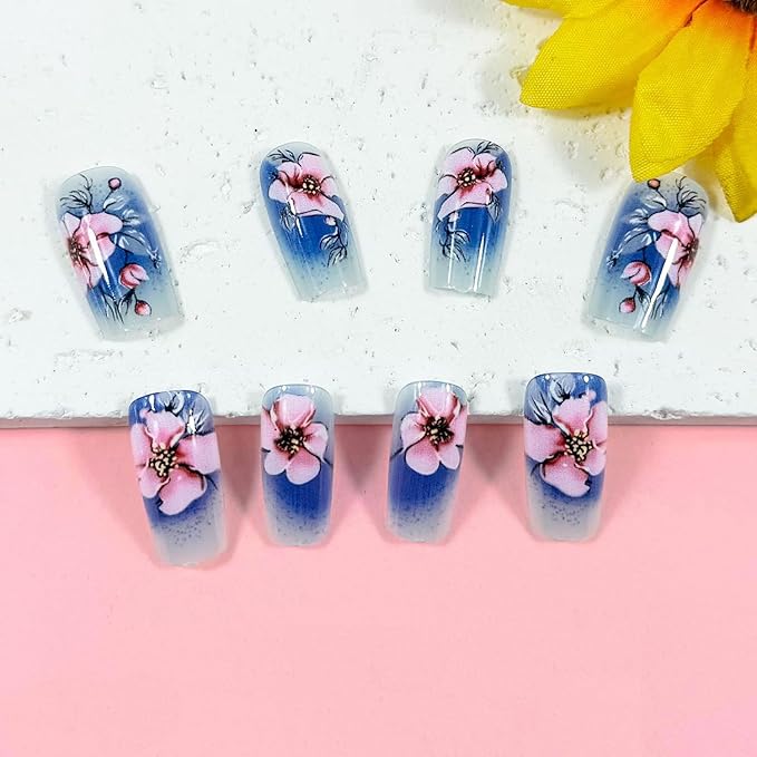 Flower Press on Nails Long Ballet Shaped Blue Gradient Acrylic Fake Nail Peony Floral Pattern Design Full Cover Glossy Artificial Fingernails Blossom Stick on Nail 24Pcs Glue on Nails for Women