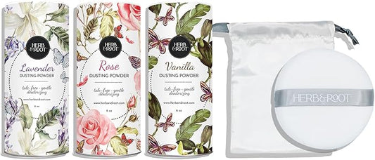 Herb & Root Body Powder Gift Set- Oprah's Favorite Things, 3 Talc-Free Scents: Lavender, Rose, Vanilla, Large Puff