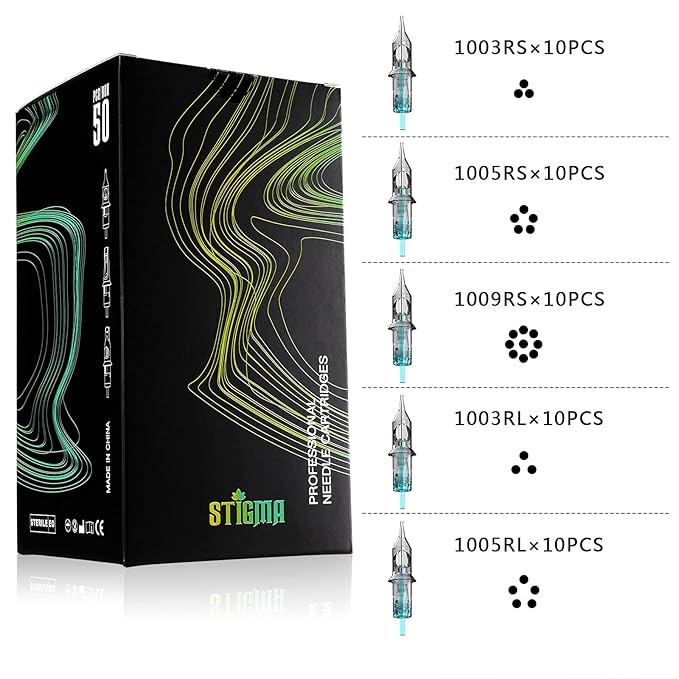 STIGMA Aquamarine Knight Bugpin Tattoo Cartridges Assorted (1003RS 1005RS 1009RS 1003RL 1005RL) Tattoo Cartridge Needles 50pcs of Round Liner/Round Shader 0.3mm RL+RS EN02B-50KIT-Y