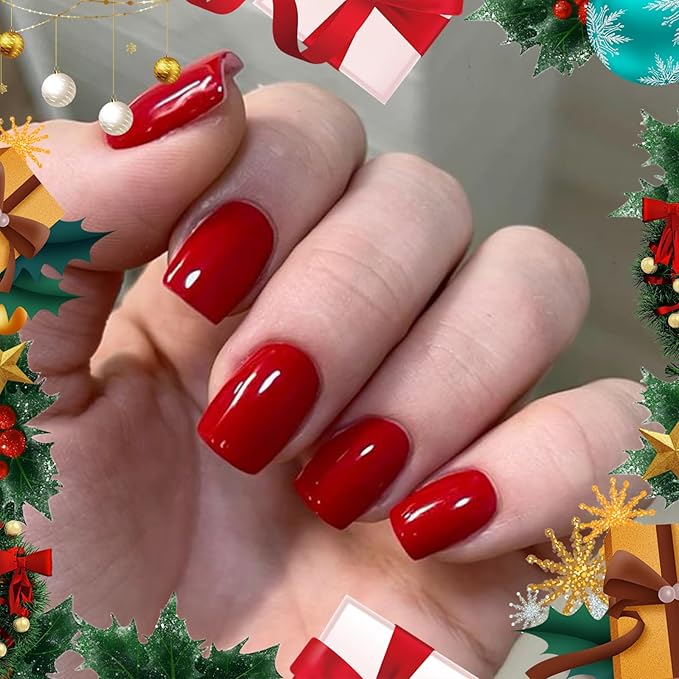Modelones Red Press on Nails for Women, Christmas Short Square Fake Nails, Reusable Nail Kit with Nail Glue Adhesive Tabs Mini Nail File, Nails Press Ons 32Pcs16 Sizes, Women Girl Gift