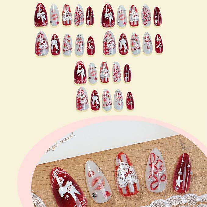 IMRAIN Red Press on Nails Medium Almond Fake Nails Cute Rabbit Acrylic False Nails Full Cover Glossy Glue on Nails Artificial White Stick on Nails for Women Girls 24Pcs
