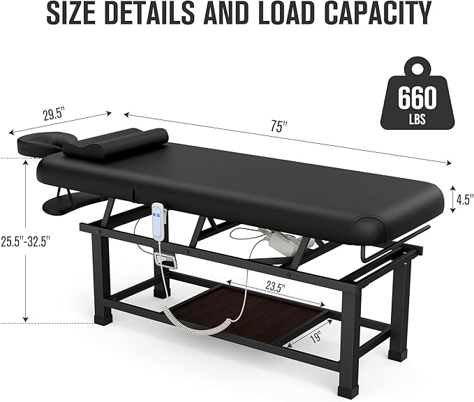 pouseayar Heavy Duty Electric Stationary Massage Table with Backrest Adjustable and Storage Space for Treatment/Medical Spa/Facial/Beauty/Massage Bed and More - 30 Wide x 75 Long - Black