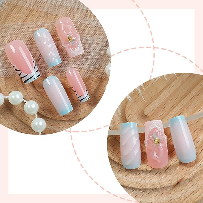 24Pcs Blue White Gradient Press on Nails Long Square Fake Nails with Zebra Stripe Designs French Tip False Nails 3D Flowers Water Ripple Glue on Nails Summer Reusable Stick on Nails for Women Girls
