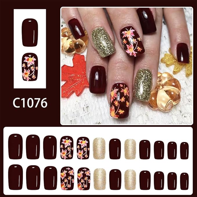 24Pcs Fall Maple Leaves Fake Nails Dark Red Press on Nails Medium Square Autumn Glue on Nails Full Cover Glitter Gold Maple Leaf Nail Designs Glossy Artificial Acrylic Nails for Women DIY Manicure