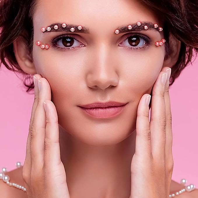 975Pcs Face Gems Hair Gems, Self-Adhesive Face Jewels Eye Jewels Rhinestones 3/4/5/6 mm DIY Face Gems Stick on, Hair Body Rhinestones Gems Crystals Pearls for Face Makeup, Crafts (Pearl_Pink)