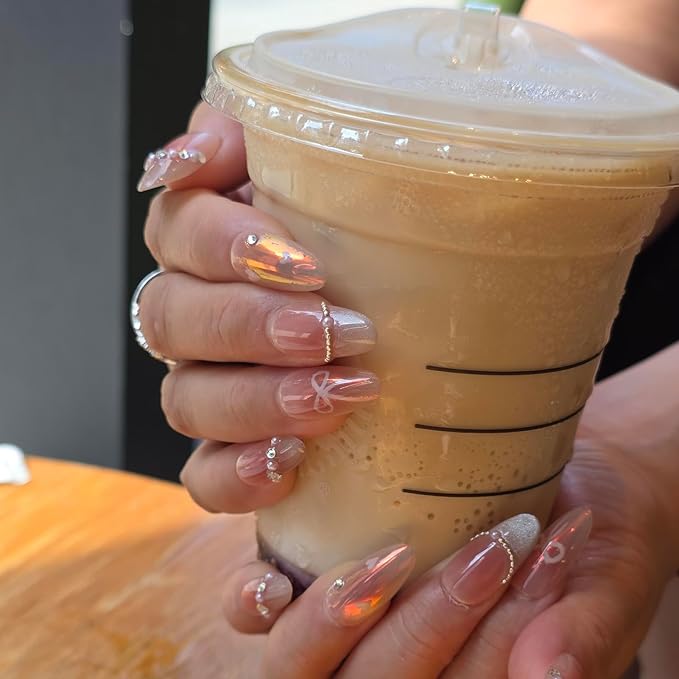 Pink Cat Eye Press On Nails Medium Almond, Handmade Pearl & Rhinestone Glitter French Tip, Gel Acrylic 10pcs Hand-Painted Bow & Heart Design(Elegant Dancer, Size S)