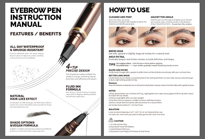 2 Pack Eyebrow Pen, Waterproof Microblading Eyebrow Pencil, 4 Tip Precise Eye Brow Makeup Pen for Women to Effortlessly Create Hair Like Natural Brows, Non Dry Out and Last All Day (Natural Brown)