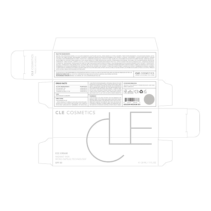 CLE Cosmetics CCC Cream (Golden Medium 301 / SPF 50) - Color Correcting With Sunscreen - Lightweight, Hydrating Foundation - BB & CC Hybrid - Light to Medium Coverage - 1 fl oz