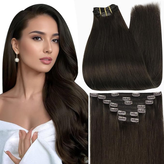 Full Shine Brown Human Hair Clip in Extensions Dark Brown Clip in Hair Extensions Real Human Hair Triple Weft Brunette Hair Extensions for Women Straight 14 Inch 7 Pcs 120 G