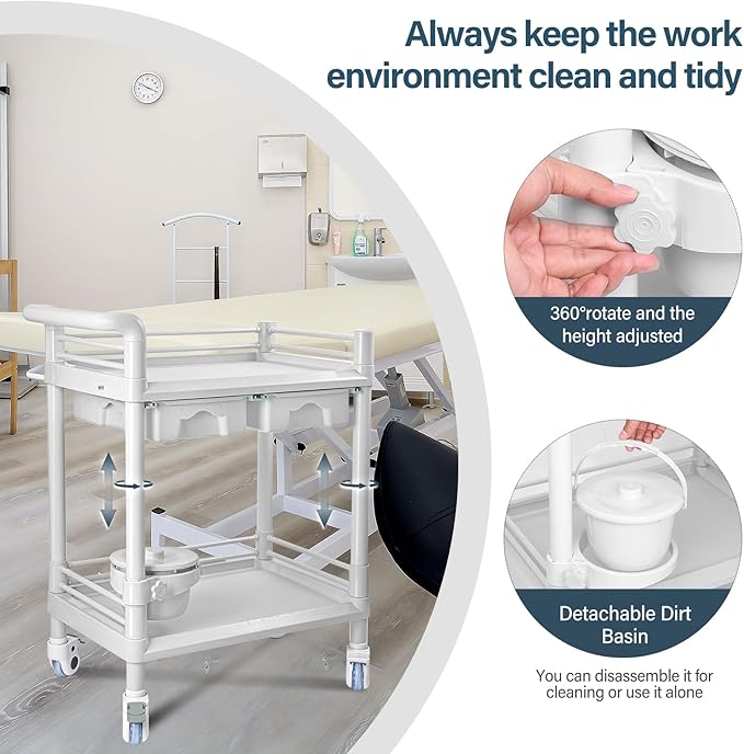 2 Tier Esthetician Cart, Rolling Utility Cart with Bucket & 2 Big Drawers, Heavy Duty Salon Trolley with 360 Rotate Silent Wheels, Load 330lbs Mobile Medical for Salon Hospital Office Lab