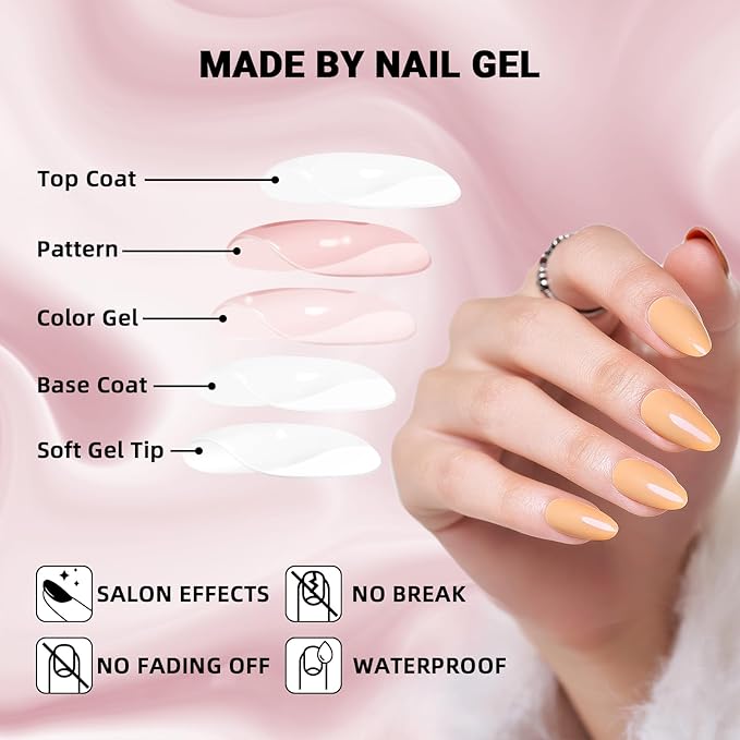 Wooyas Press on Nails Almond，Medium Glossy Handmade Gel Fake Nails Color，Reusable Salon Perfect Press on Nails in 12 Sizes - 24 Pcs Soft Gel Glue On Nails Kit，Apricot Peach Color
