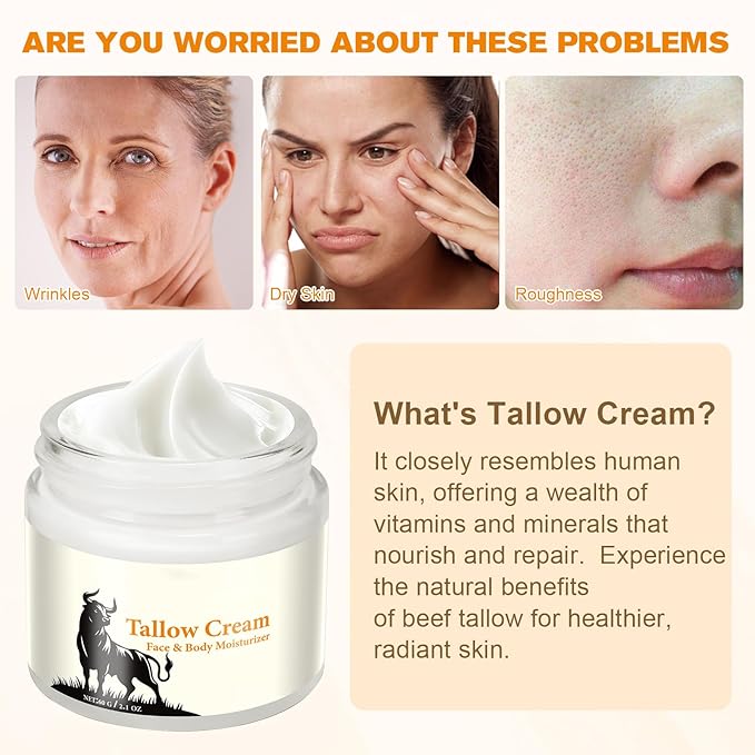 Tallow for Skin, Moisturizer Cream, Nourishing and Hydrating Skin, Organic Tallow & Honey Balm for Skin,Natural Grass-Fed Tallow Cream with Raw Honey for All Skin Care (1 PCS,60g)