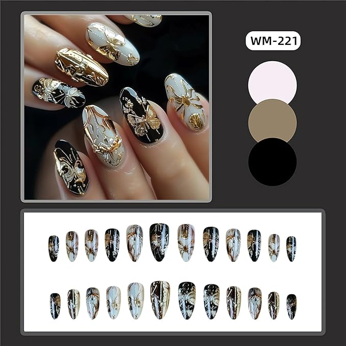 Press on Nails Almond Medium Gold Metal Butterfly Pattern Design Full Cover Glossy Artificial Fingernails Almond Shaped Acrylic Fake Nail 24Pcs Reusable Glue on Nails for Women