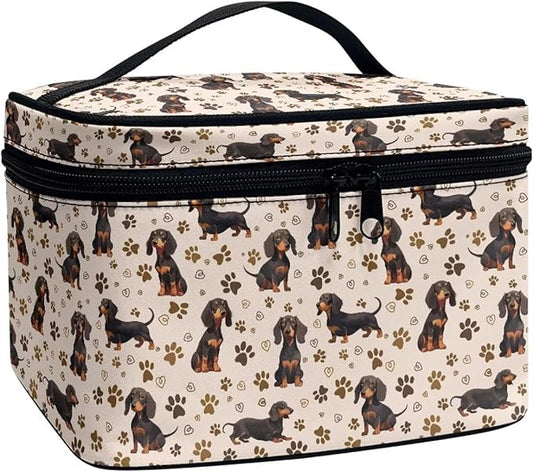 Dachshund Dog & Paws Print Travel Makeup Bags for Women Portable Tote Cosmetic Case with Carry Handle Toiletry Accessories Storage Organizer Bags, Beige