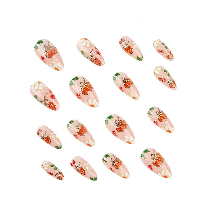 24Pcs Fall Press on Nails Medium Almond Thanksgiving Fake Nails Autumn Gilded Pumpkin Daisy Full Cover Fall Leaves False Nails Reusable Autumn Acrylic Nail Glue on Nail for Women Nail Decoration