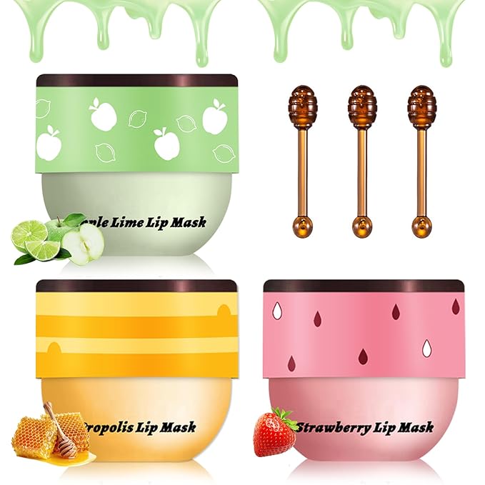 3PCS Bee Lip Balm Honey Pot Honey Strawberry Apple Sleeping Lip Mask Silky Hydrating Bee Lip Balm Lip Mask Overnight LipCare Products(Honey+Strawberry+Apple Lime)