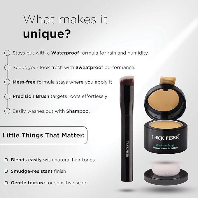 THICK FIBER Root Touch Up and Hairline Concealer - Water & Sweat Resistant Hair Loss Cover for Thinning Hair Women, with Powder and Brush (Medium Blonde)