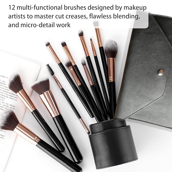 Makeup Brushes Set 12 Pcs Classic Black Makeup Brush Kit, Foundation Brush Eyeshadow Brush Powder Brush Kabuki Brush Blush Cosmetic Brushes With Case Travel Gift