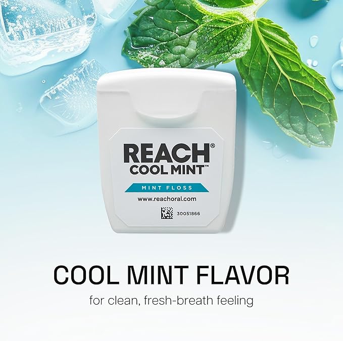 REACH Cool Mint Dental Floss, Fresh Mint, Plaque Remover for Teeth, Shred Resistant, Waxed, Easy on Gums & Teeth, Fresh Breath, Oral Care, PFAS Free, for Adults & Kids, 1 Pack, 55yd
