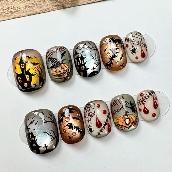 30Pcs Cat Nails Halloween Press on Nails Short Fake Nails with Goth Bat Pumpkin Spider Web Designs Silver Orange False Nails Full Cover Artificial Glue on Nails Cute Stick on Nails for Women DIY