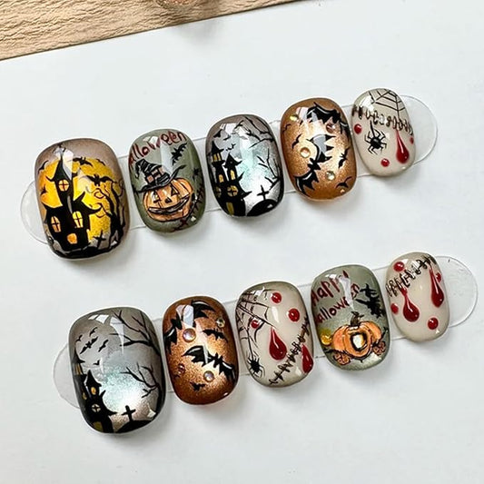 30Pcs Cat Nails Halloween Press on Nails Short Fake Nails with Goth Bat Pumpkin Spider Web Designs Silver Orange False Nails Full Cover Artificial Glue on Nails Cute Stick on Nails for Women DIY