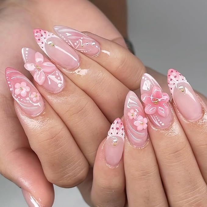 24Pcs Pink Press on Nails Almond Medium Fake Nails with 3D Flower Butterfly Design French Tip False Nails Glossy Glue on Nails Full Cover Summer Stick on Nail for Women Manicure Decor
