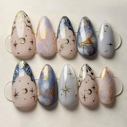 24Pcs Gold Star Press on Nails Medium Almond Fake Nails 3D Gold Chrome Star Moon Glossy Designs Nude Pink Stick on Nails French Tip False Nails Full Cover Acrylic Artificial Nails for Women Girls