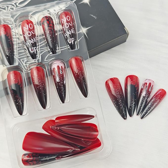 Halloween Press on Nails Long Stiletto Fake Nails Black Red Gradient Full Cover Stick on Nails Spider Web Blood Drop Designs Horror False Nails Goth Glue on Nail for Women Manicure Salon DIY