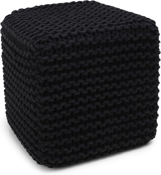REDEARTH Cube Pouf Foot Stool Ottoman - Hand Knitted Poof - Cord Boho Pouffe - Home Décor - Stuffed Footrest for Living Room - Bedroom - Covered Patio (16" x 16" x 16") - Black