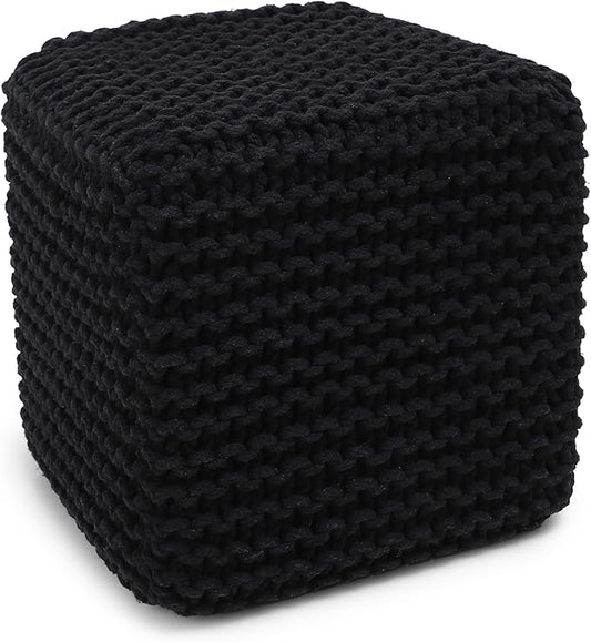 REDEARTH Cube Pouf Foot Stool Ottoman - Hand Knitted Poof - Cord Boho Pouffe - Home Décor - Stuffed Footrest for Living Room - Bedroom - Covered Patio (16" x 16" x 16") - Black