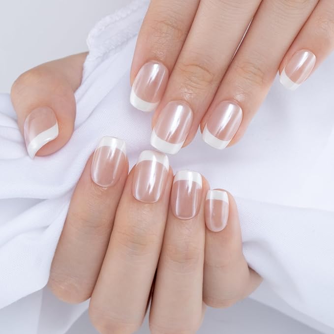 Curvlife Soft Gel Press on Nails with French Tips and Glossy Short Size Design Full Cover 15 Sizes Gel Nails, Women Reusable Nail Kit with Nail Glue Adhesive Tabs Nail File